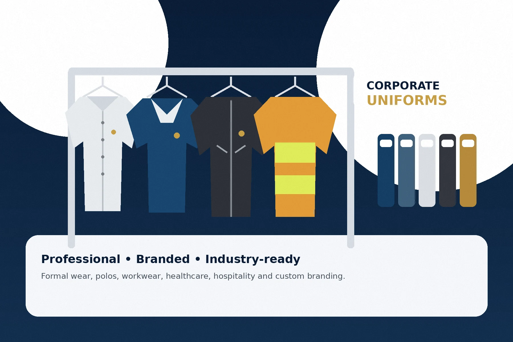 Corporate uniform solutions including formal wear, polos and workwear